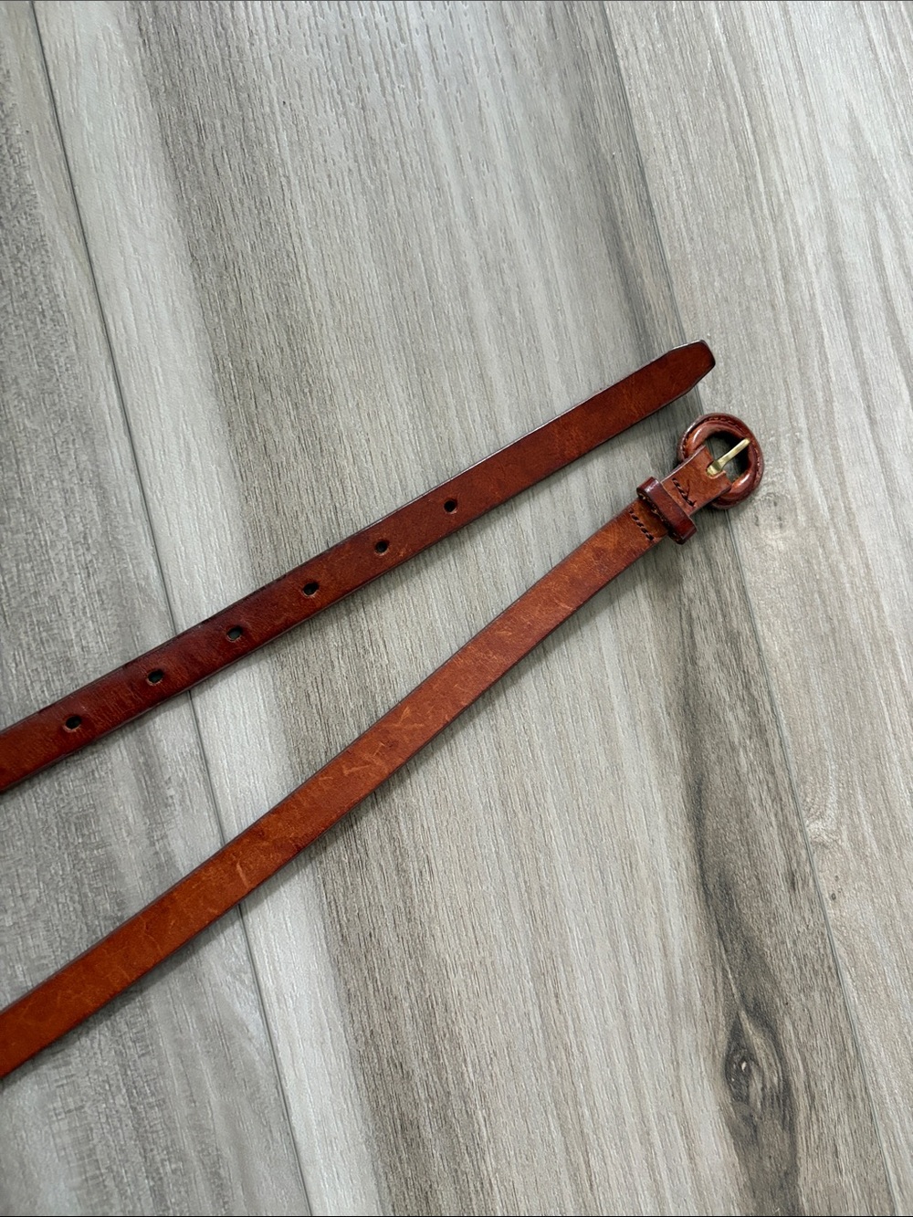 Women's Slim Leather Belt in Cognac Brown with Round Buckle